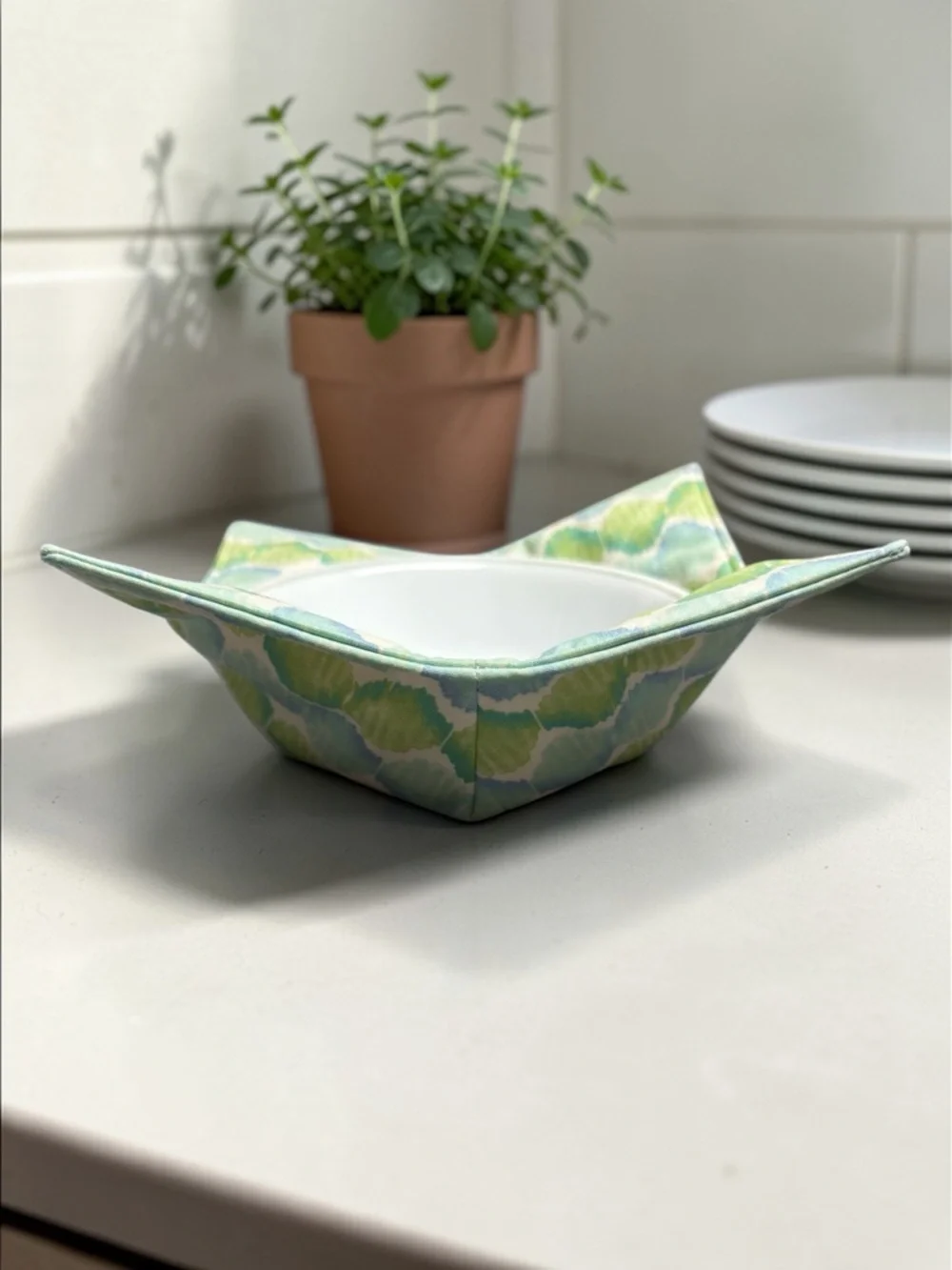 Hand Crafted Bowl Cozy Bowl Holder Microwavable Cotton Padded Green and Blue